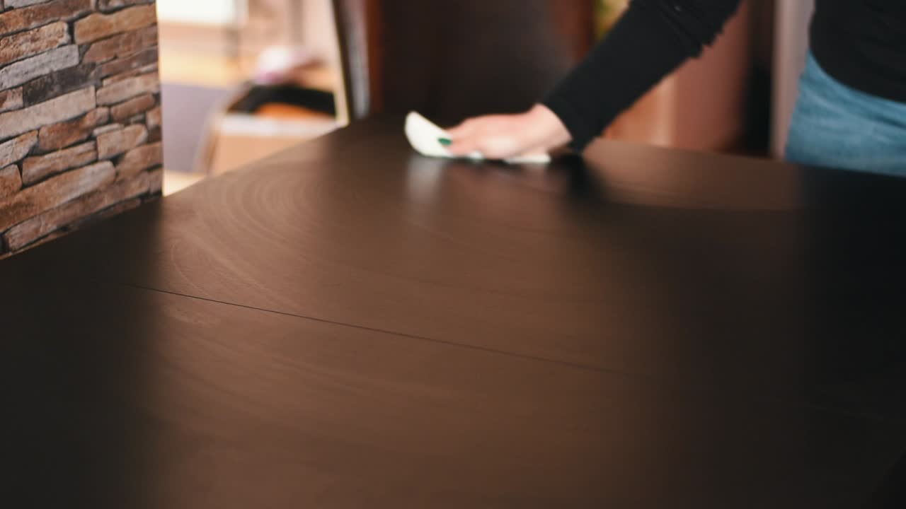 Woman with painted nails disinfects a black table with disinfectant spray - Warm tones