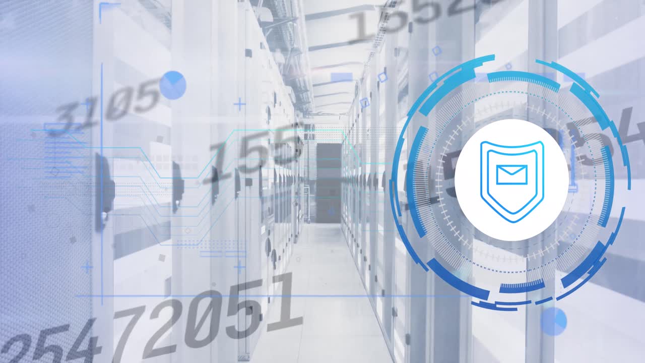 animación del procesamiento de datos con el icono del escudo sobre la sala del servidor