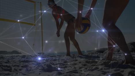 Jugando-Voleibol-De-Playa,-Gente-Con-Gafas-De-Sol-Sobre-Conexiones-De-Red-Animación