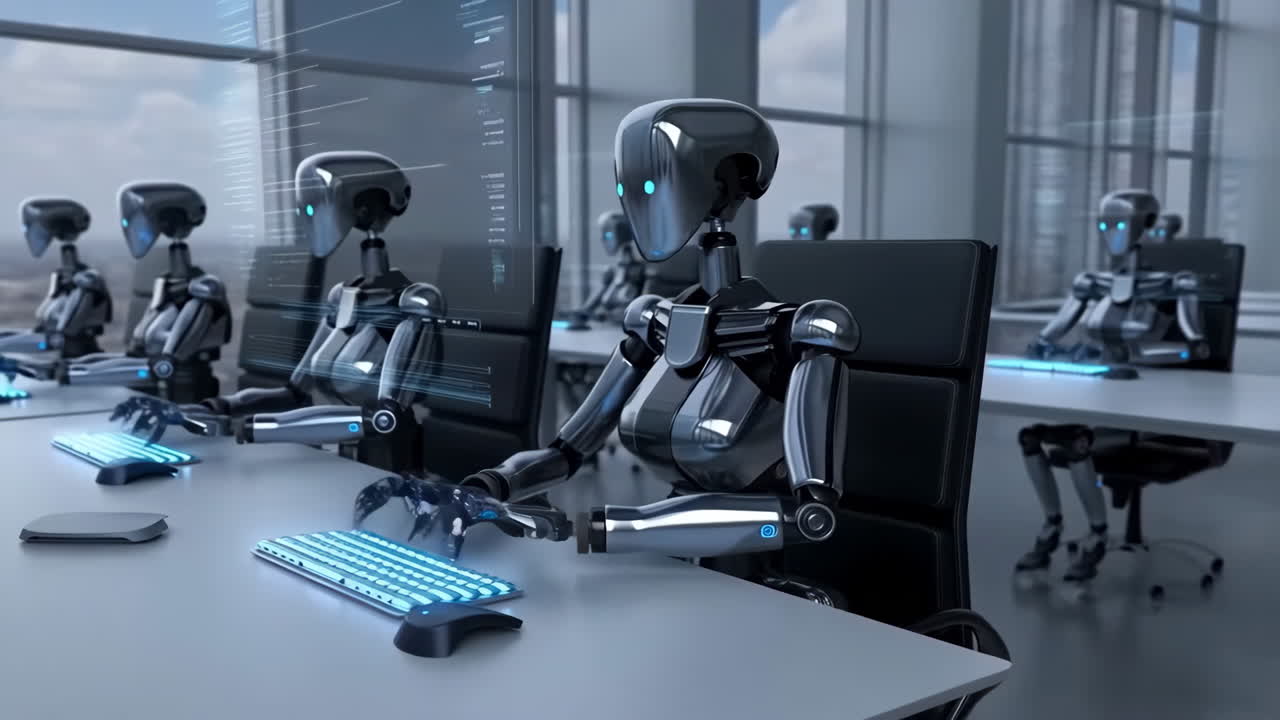 Robots working in a modern office with futuristic interfaces