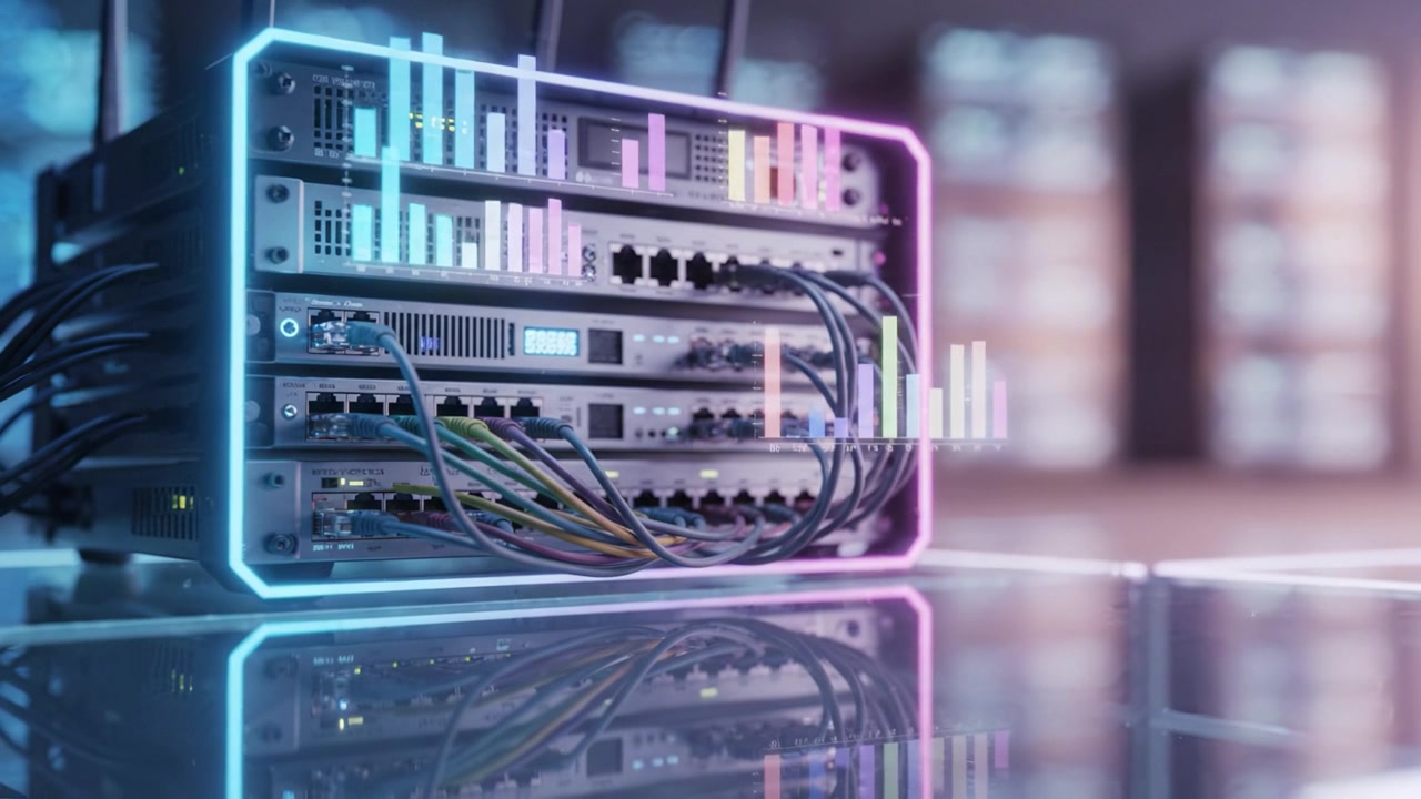 Advanced Server Equipment Showcasing High-Tech Networking Setup with Colorful Lights and Cables in Modern Data Center Environment