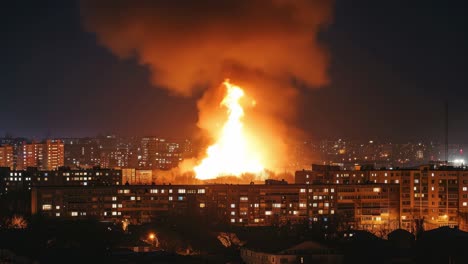 massive fire explosion erupting over urban apartment buildings at night, creating a striking and devastating scene filled with chaos and destruction, illuminating the dark cityscape