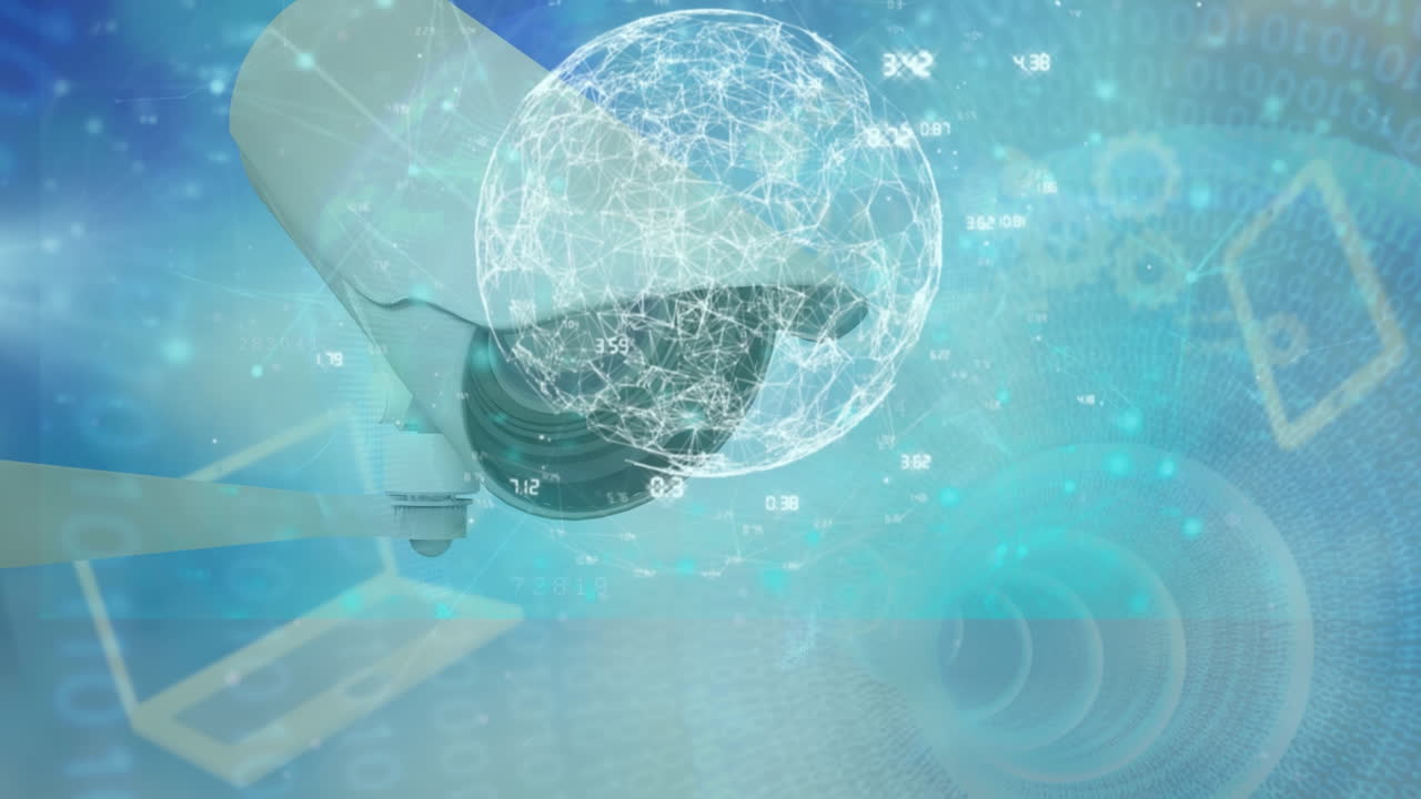 파란 공간에서 보안 카메라를 통해 데이터 처리를 하는 화면의 애니메이션