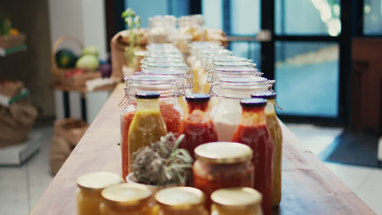 제로 폐기물 생태 상점에서 화학물질 없는 파스타와 요리 맛