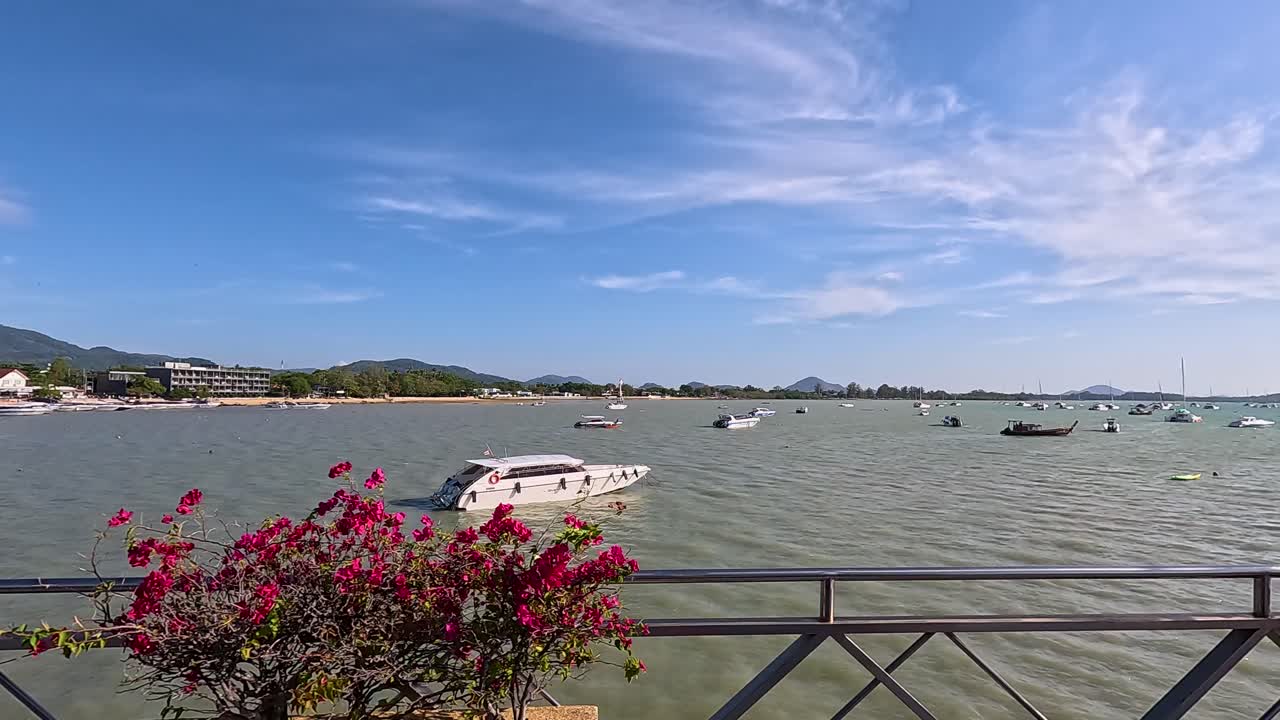 A yacht cruises through Phuket harbor under clear skies, surrounded by vibrant flowers and distant hills