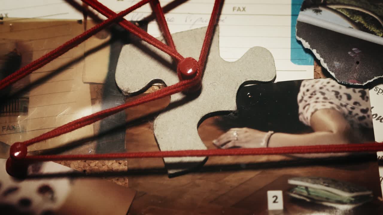 Cluttered investigation board with various items including photographs, papers, and red strings connecting different points