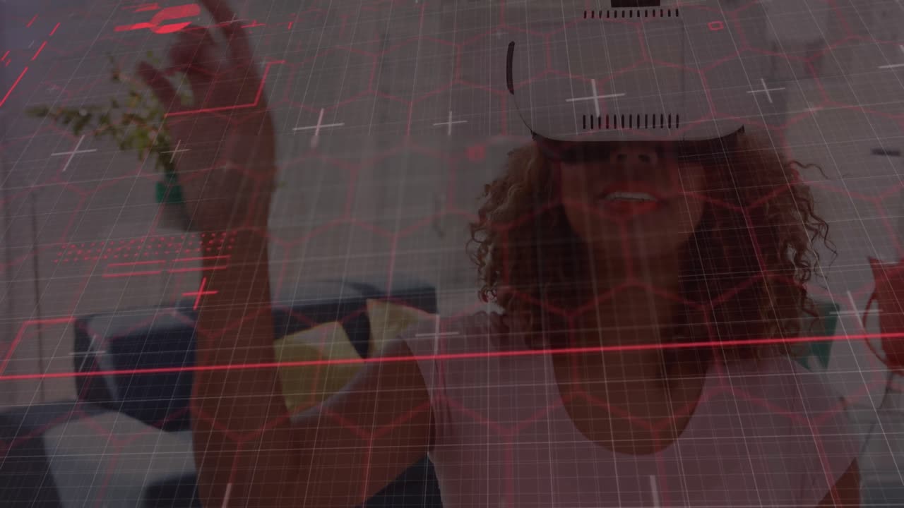 Hexagonal shapes over grid network against african american woman wearing vr headset at home