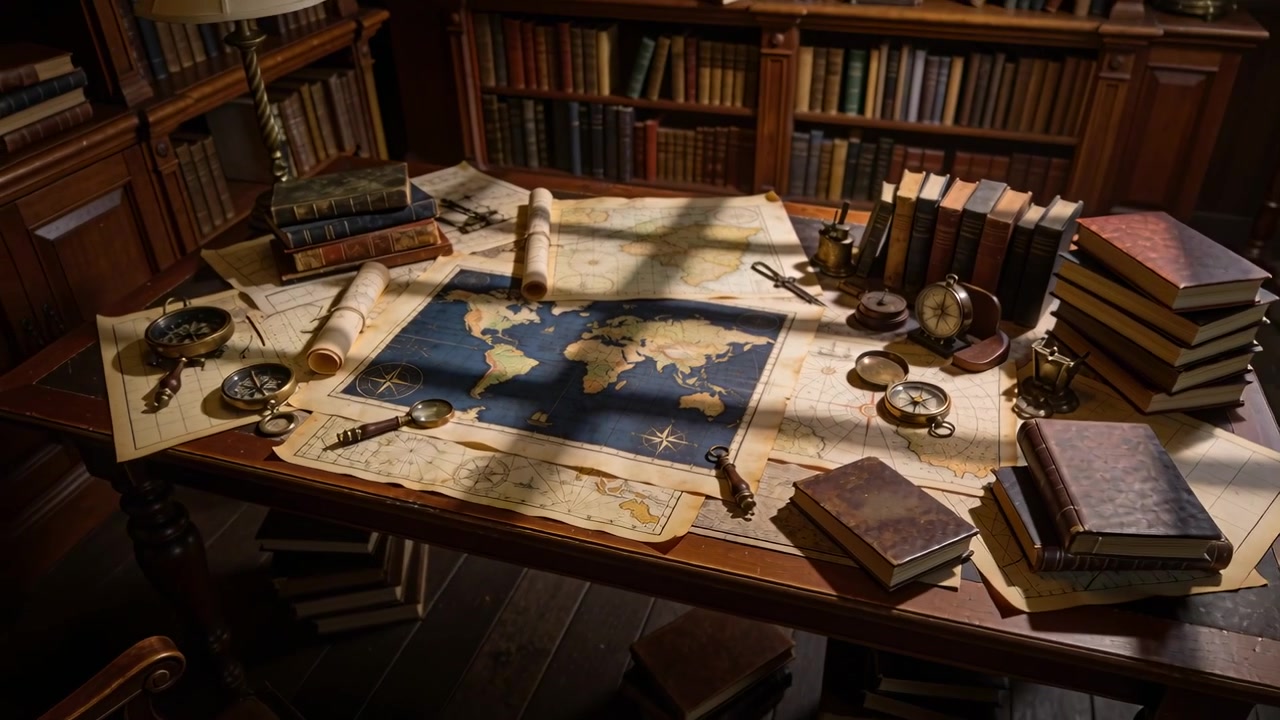 La telecamera si allontana rivelando una mappa del mondo antica, mostrando la disposizione di uno studio dai toni caldi e delle bussole.