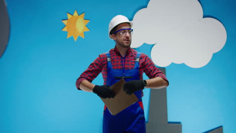 worker checking documentation in cartoon factory setting