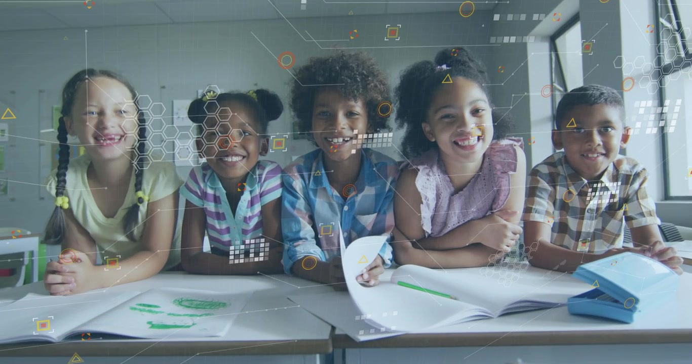 5 students center boy flipping page sparking hexagon overlay across green drawings for education