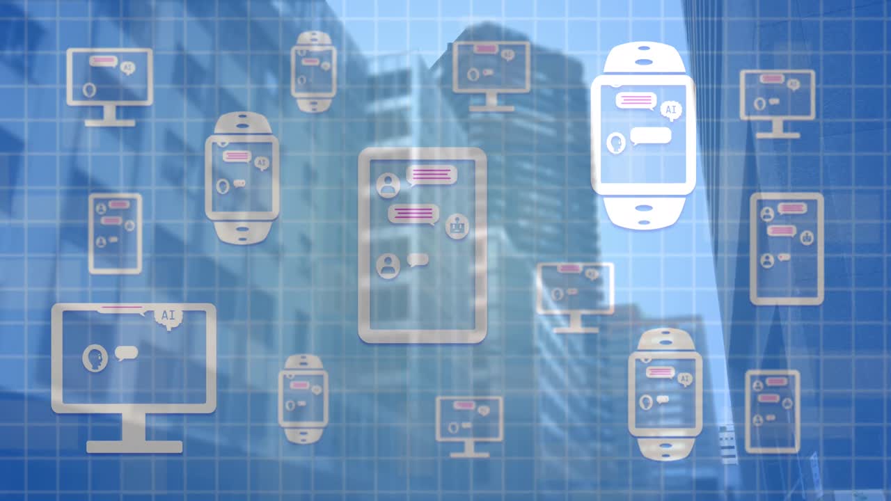 도시 풍경 위의 전자 장치에서 온라인 채팅과 데이터 처리의 애니메이션