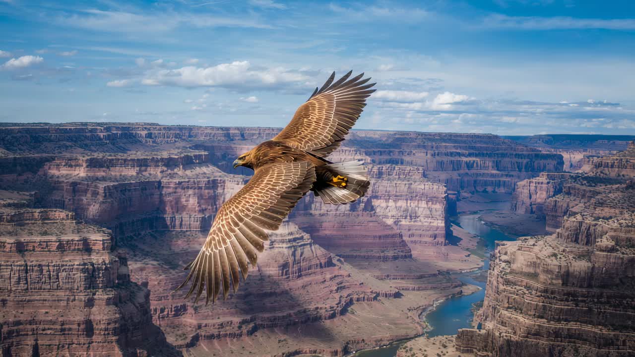Grande rapace che si libra in volo, si inclina e plana sopra il canyon, artigli visibili, fiume sottostante, camera che segue