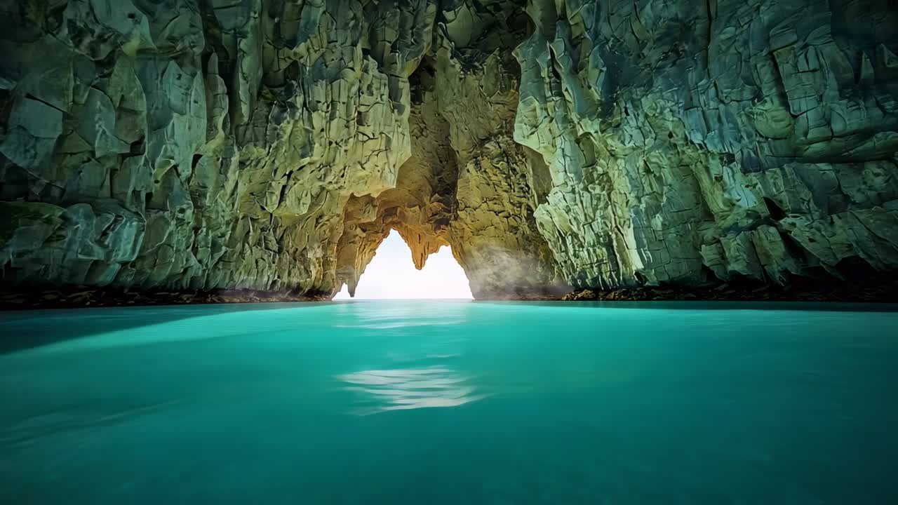 Gliding camera moving toward sea cave arch at water level, revealing sunlit exit and turquoise sea