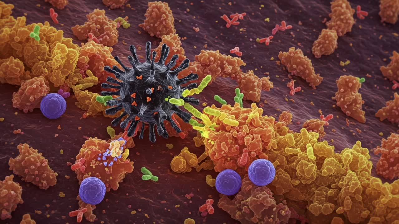 Detailed Visualization of Viral Interaction with Immune Cells and Proteins, Showcasing Cellular Defense Mechanisms and Pathogen Dynamics at the Microscopic Level