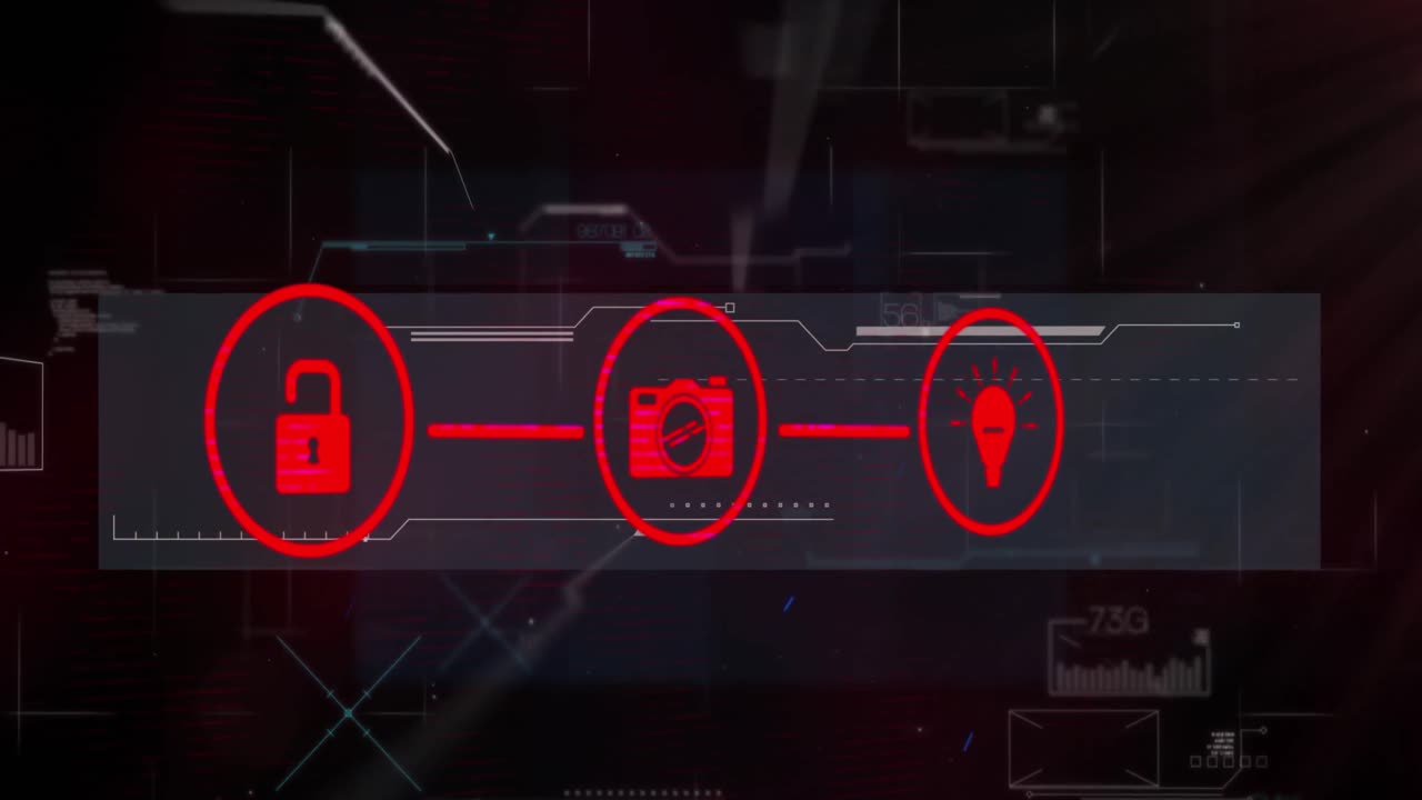 animación de una red de iconos digitales sobre la interfaz con procesamiento de datos contra un fondo negro