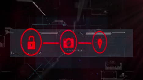 animation of network of digital icons over interface with data processing against black background