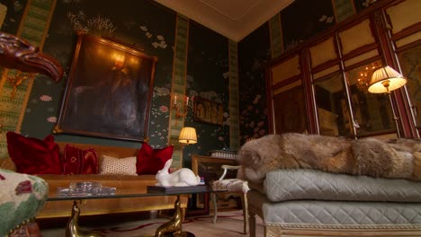 static zoom-in shot revealing classical living room with elegant interior design in a milan apartment, italy, highlighting refined decor and style