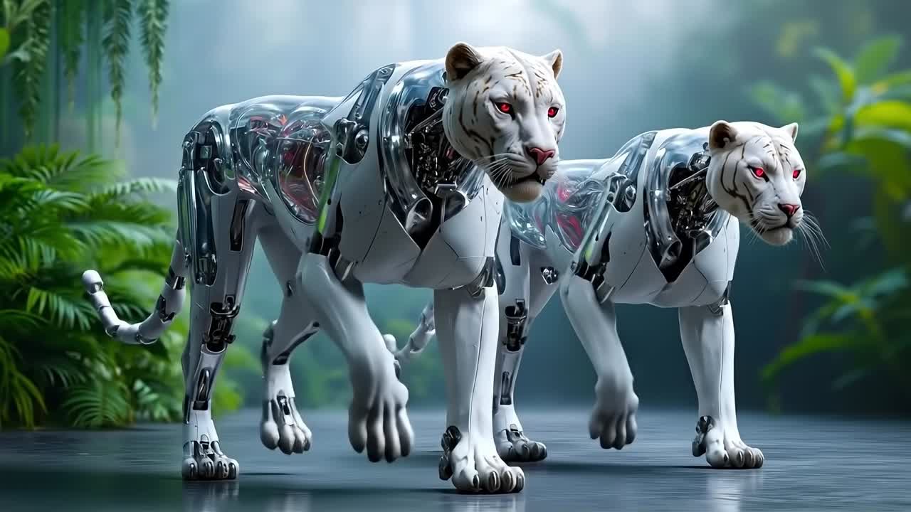 A couple of white tigers walking in the jungle