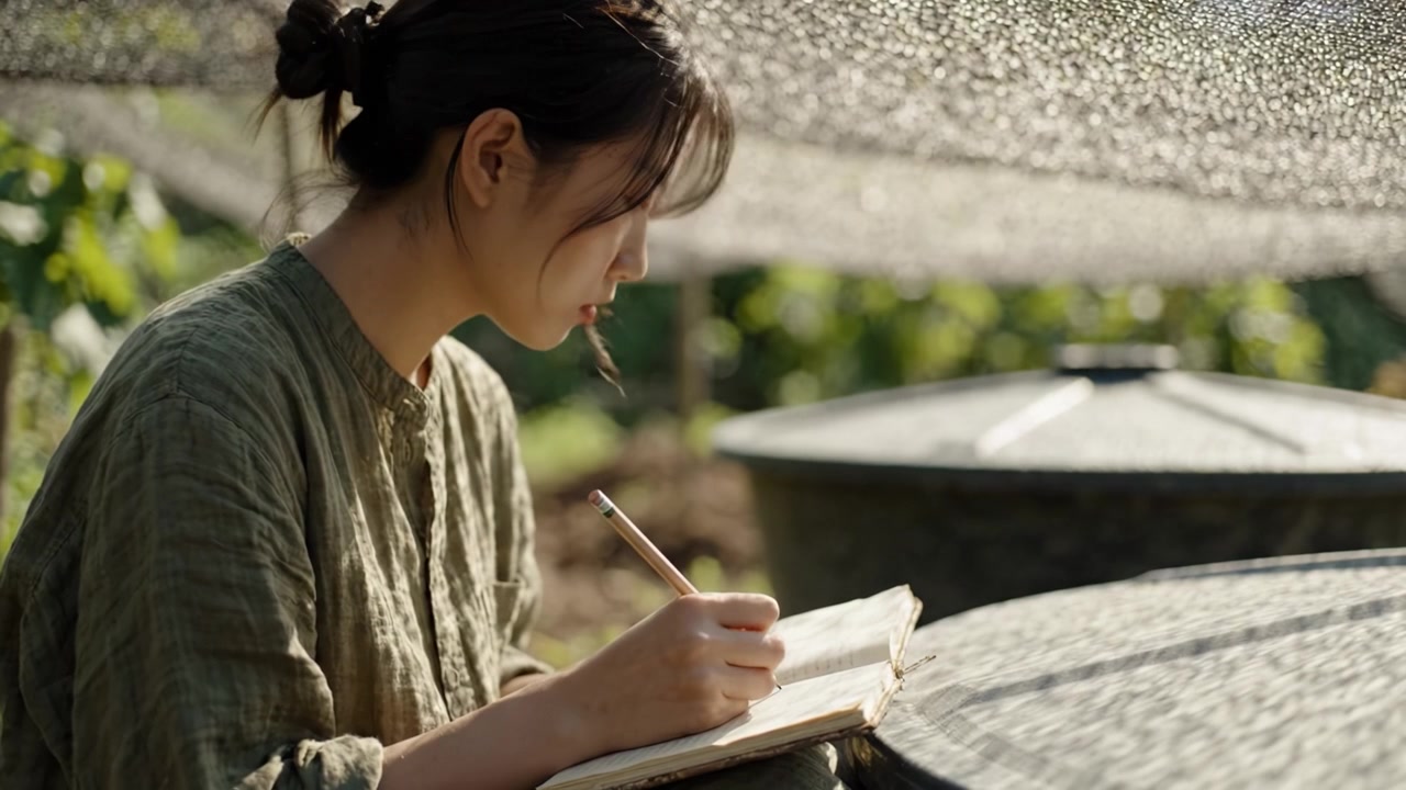 穏やかな屋外の自然に囲まれ、日よけの下で集中してノートに書き込む若い女性