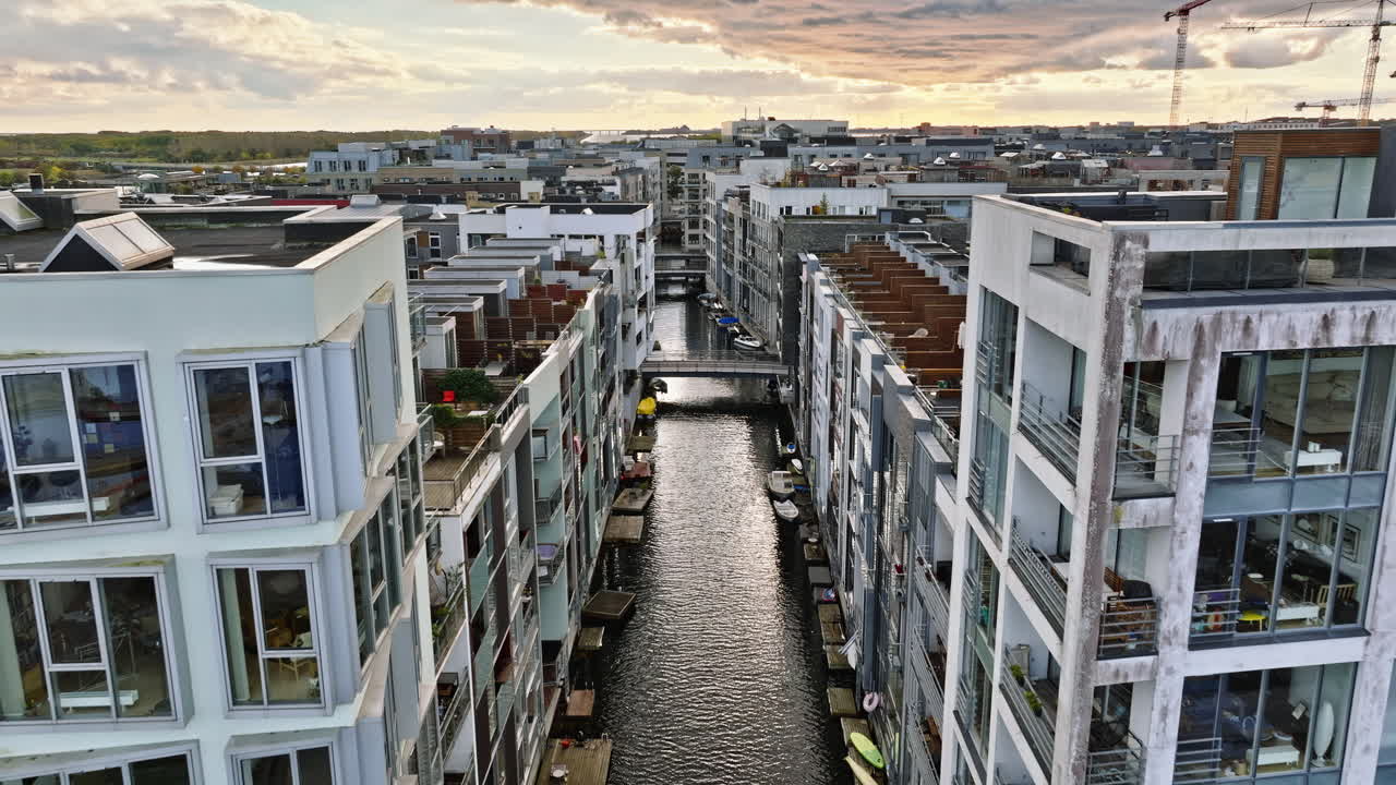 Aerial drone view of the Teglholmen peninsula in the South Harbour of Copenhagen, Denmark