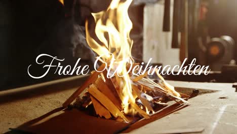 Animation-of-frohe-weihnachten-over-fireplace-in-workshop