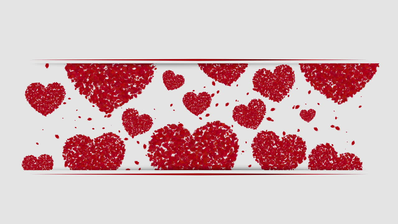 Love hearts and particles on a white background. Ribbons with place for text I love you. Animated wedding banner.