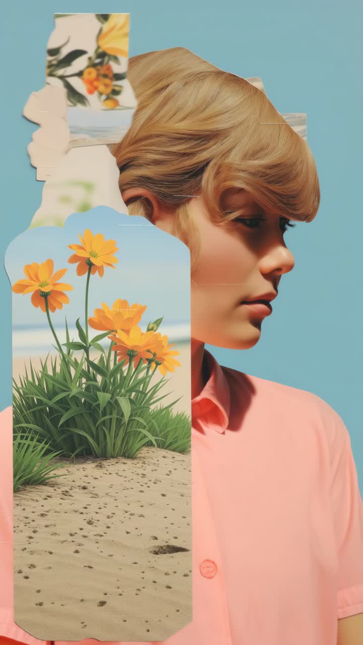 Surreal video concept with a collage of floral patterns over a woman's portrait