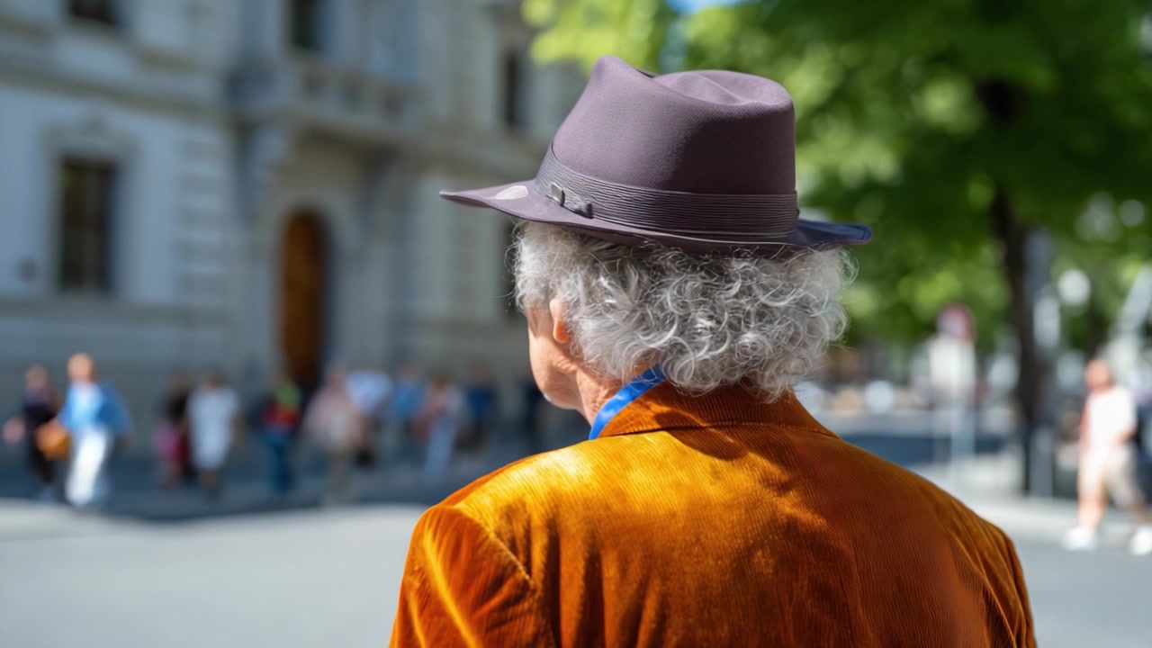 Un elegante uomo anziano con una giacca e un cappello arancioni sta in piedi all'aperto, vista da dietro che enfatizza il suo senso unico della moda e un coinvolgente ambiente urbano.