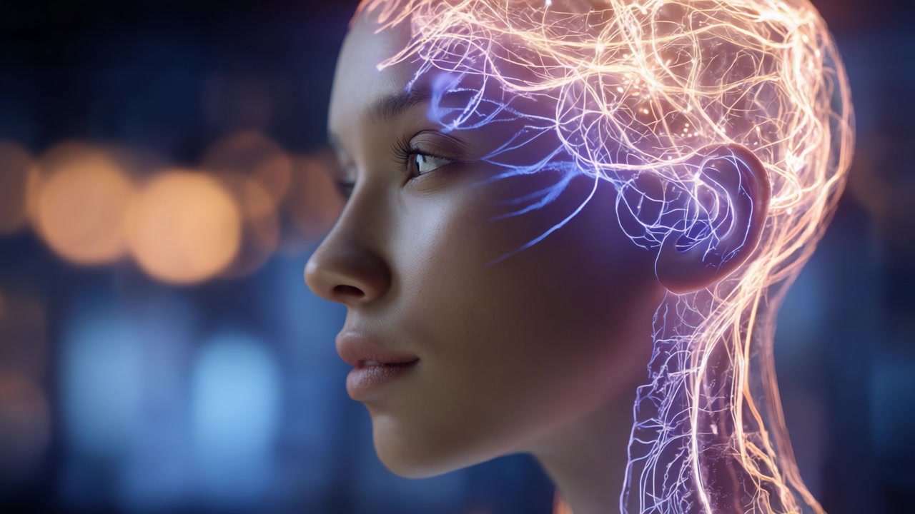 Una rappresentazione concettuale di una testa umana illuminata con connessioni neurali, che simboleggia intelligenza, creatività e la fusione della tecnologia con il pensiero umano.