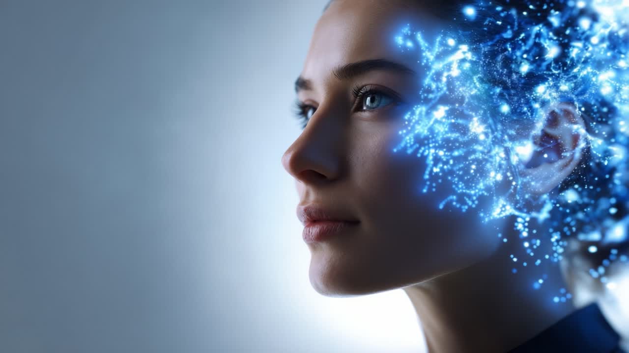 Un ritratto accattivante di una donna con idee creative e innovative, illustrato da particelle digitali radiose e una affascinante aura blu che le circonda la testa