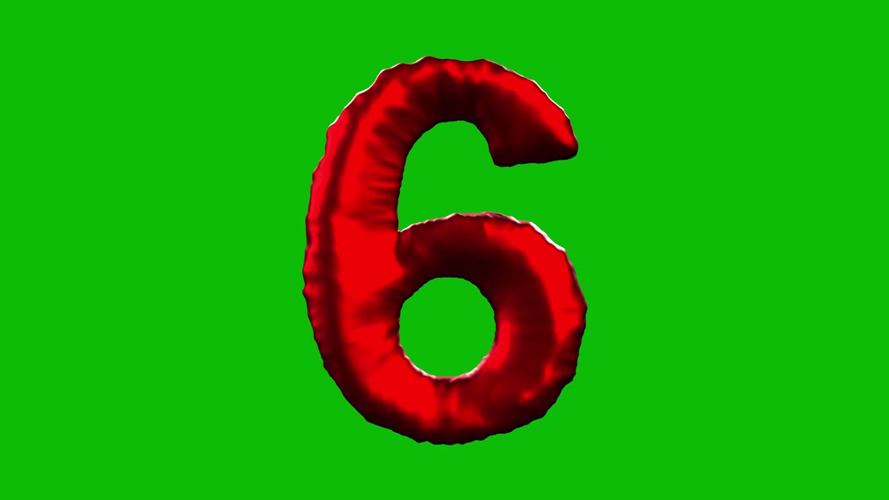 Globo rojo con forma de número 6 que se infla, gira y se revela en pantalla verde en animación 3D. Ideal para celebraciones, fiestas, cumpleaños y proyectos de edición de vídeo.