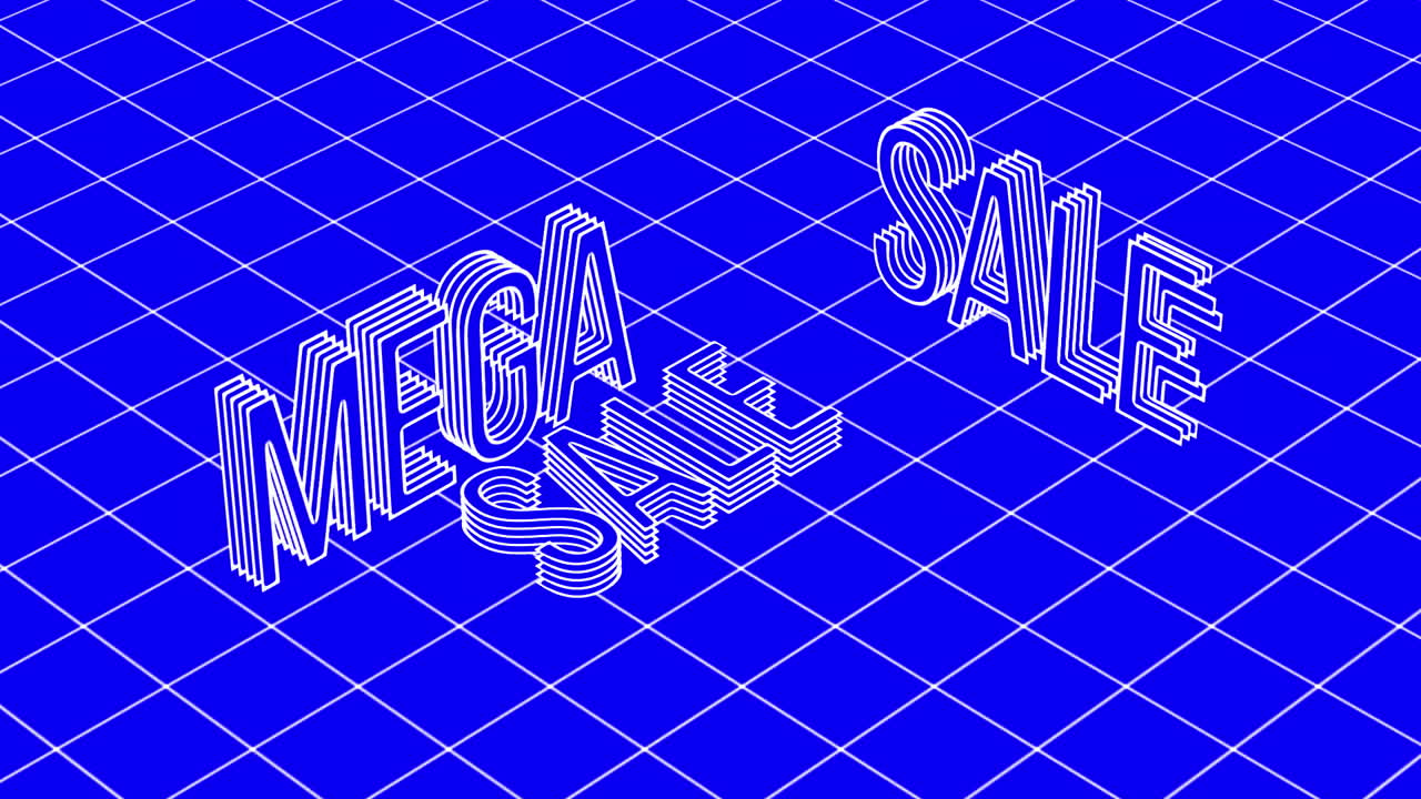 파란색 배경에  ⁇ 색 그리드와 함께 3d  ⁇ 색 라인 텍스트의 메가 판매의 애니메이션