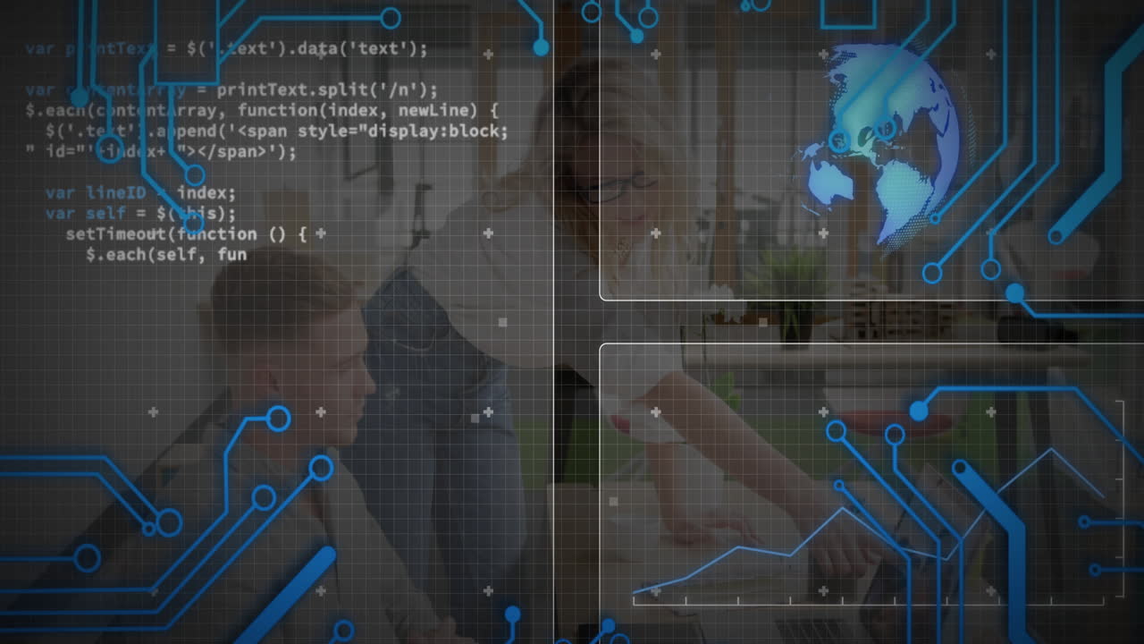 Man and woman exploring laptop tech interface on couch, featuring floating circuit grid and code