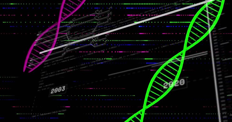 Scrubbing timeline, green helix shifting, magenta branching, years updating, visualizing data