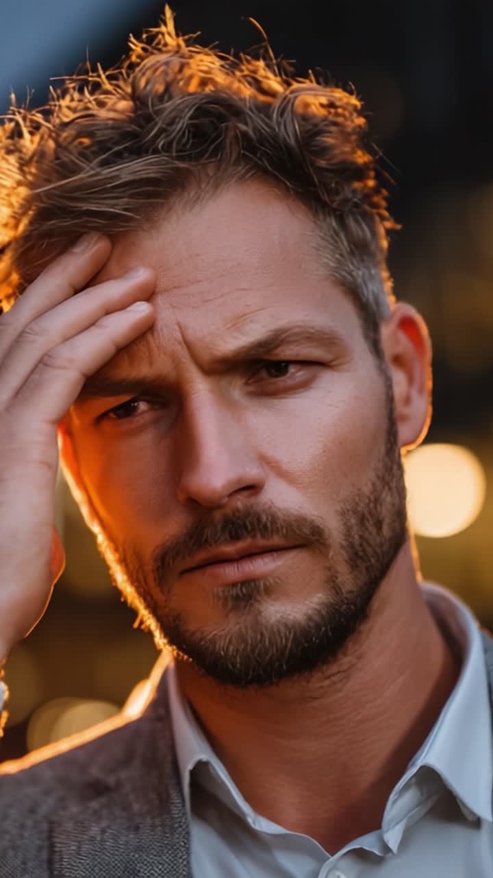 Um Homem Contemplativo com Cabelo Desgrenhado e Expressão Pensativa Põe a Mão na Testa Enquanto Reflete Sob Iluminação Externa Suave em um Cenário Noturno