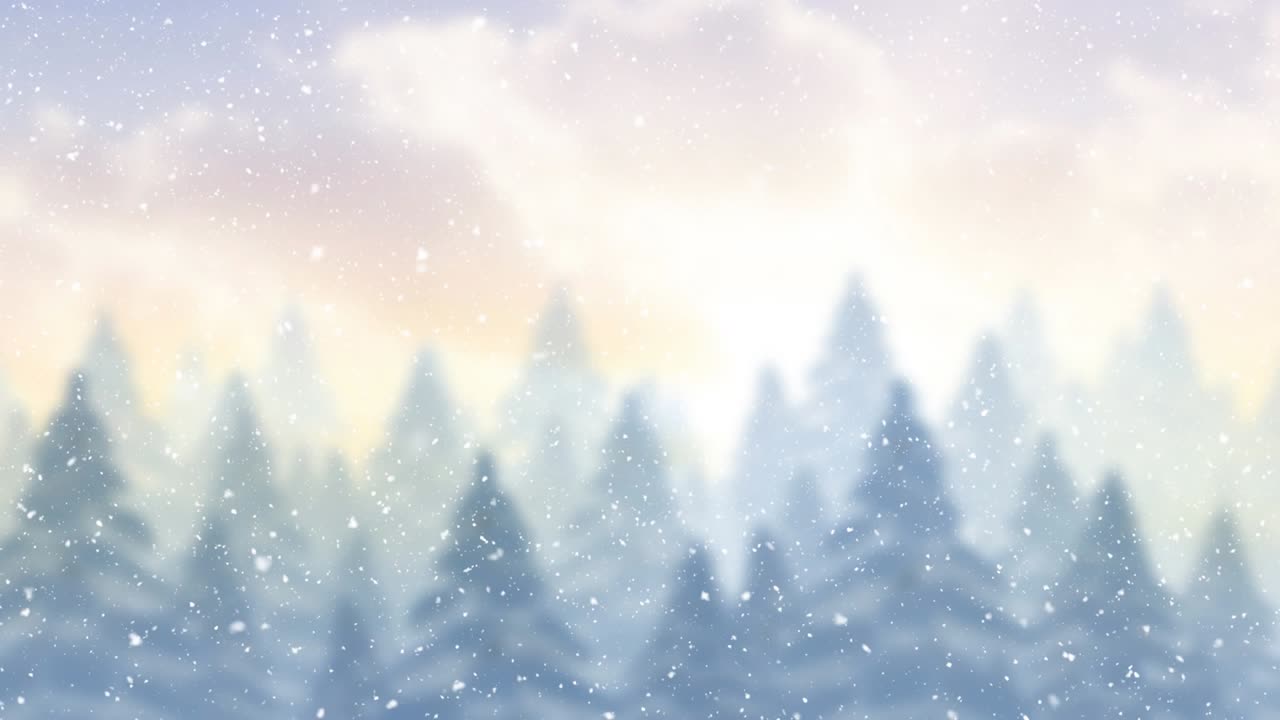 Animation of snow falling over christmas winter scenery with fir trees