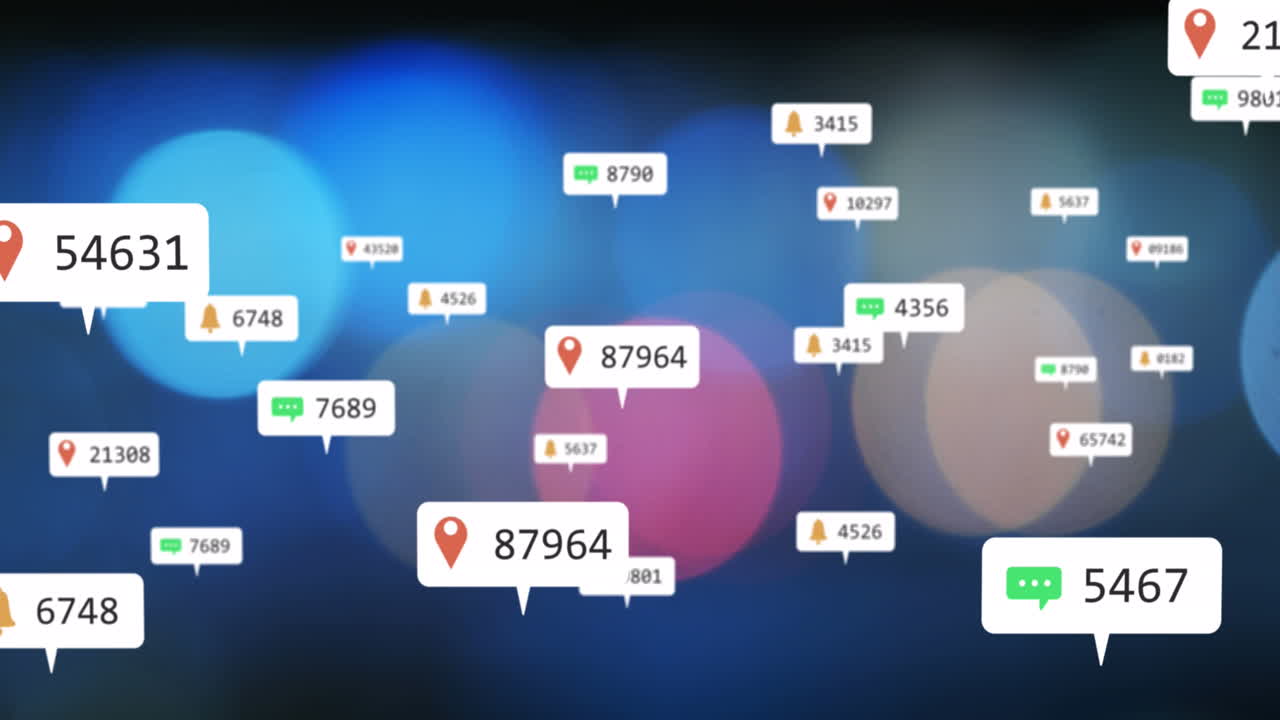 소셜 미디어 아이콘과 숫자의 애니메이션이 초점을 맞추지 않는 조명