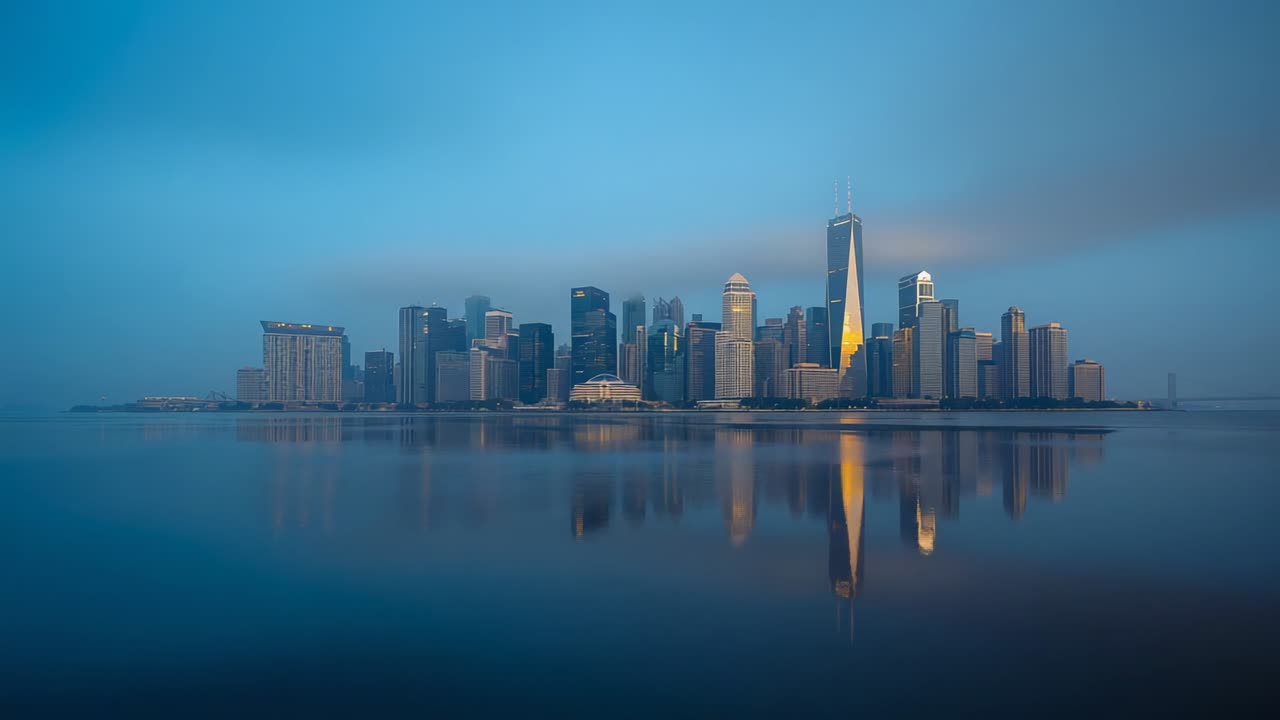 Lighting waterfront skyscrapers, sunrise warming tall tower and brightening calm water reflection