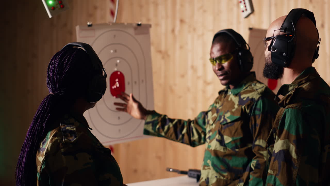 retrato de soldados del ejército alegres con equipo de seguridad en la galería de tiro