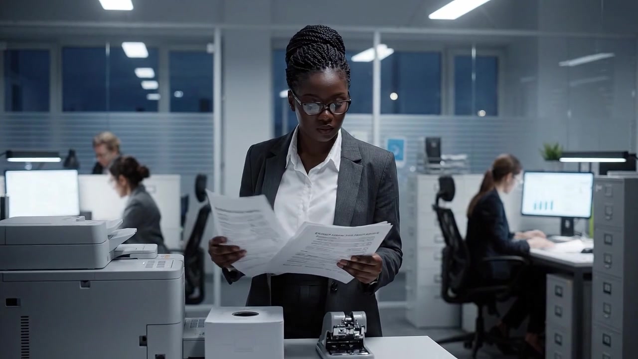 Professional Woman Reviewing Documents in Modern Office Environment with Colleagues Engaged in Work, Highlighting Workplace Dynamics and Productivity