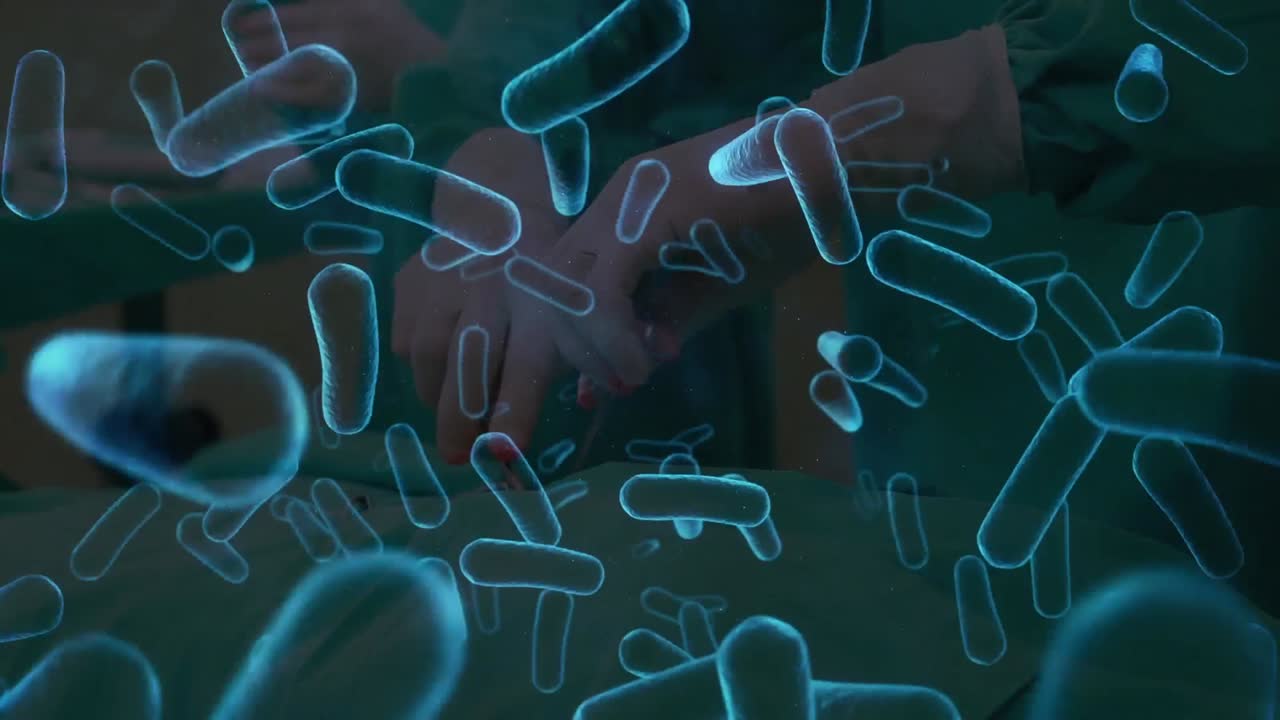 animación de las células de covid 19 flotando sobre los cirujanos que operan