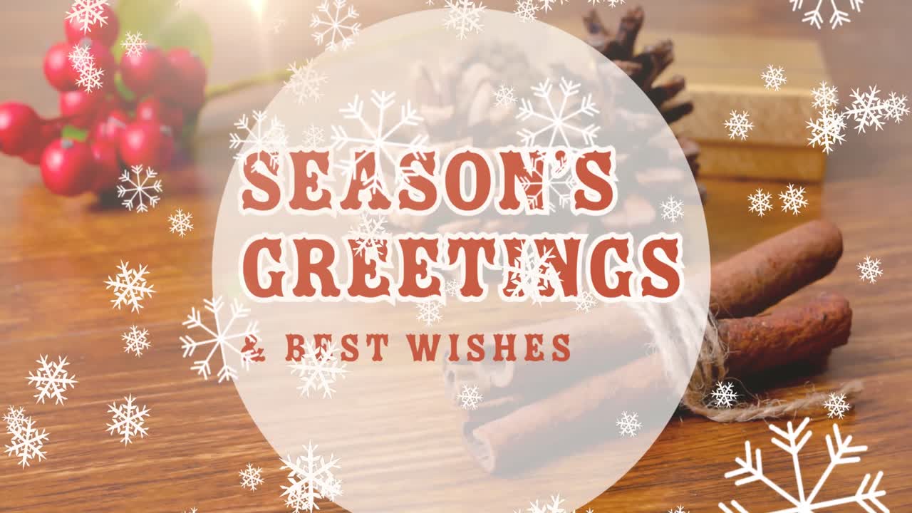 Animation of season's greetings text over snow falling and christmas decorations on table