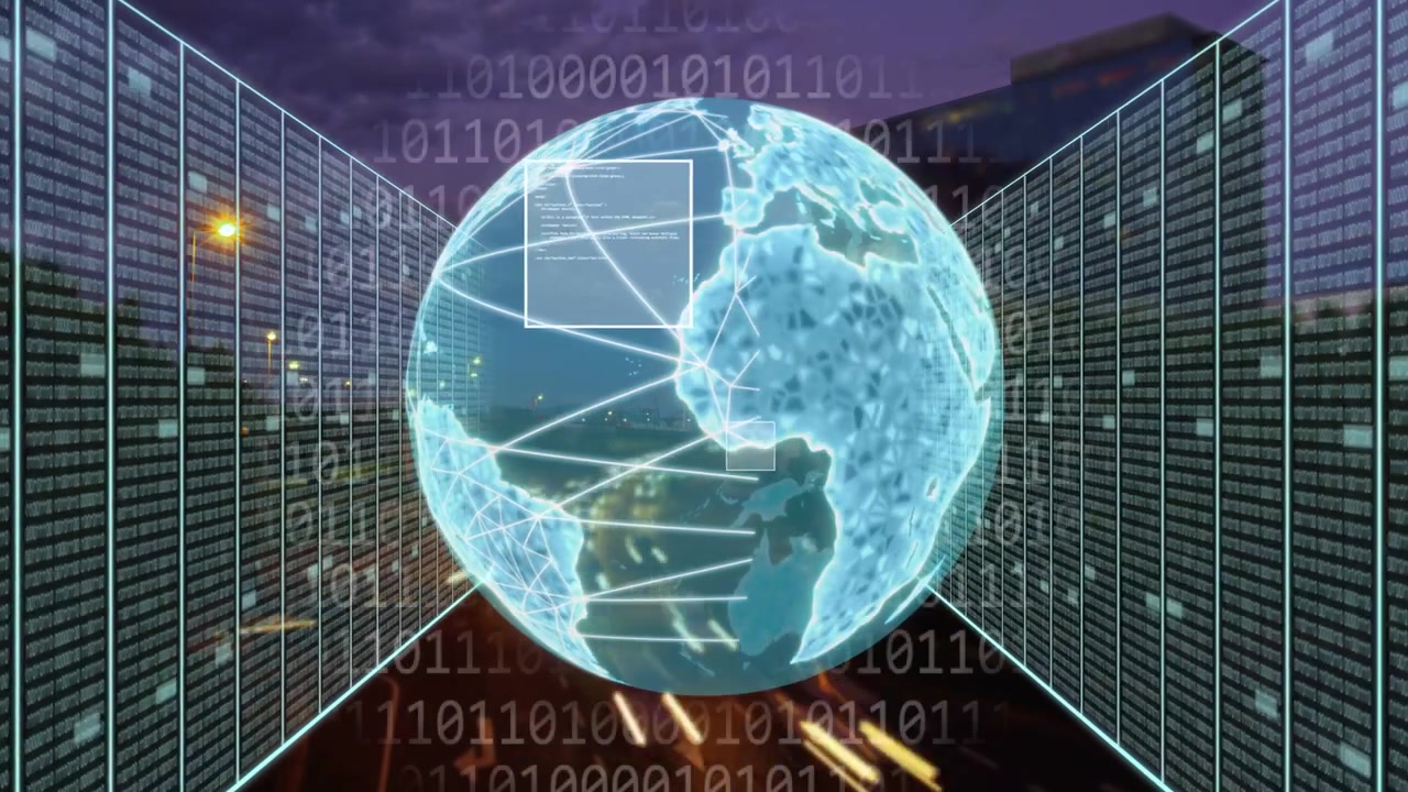 Light trails causing holographic globe fading in, rotating nodes forming corridor with UI windows