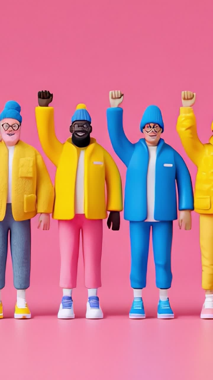Colorful Figurines Celebrating Unity and Friendship with Outstretched Arms Against a Vibrant Pink Background, Showcasing Diversity and Style