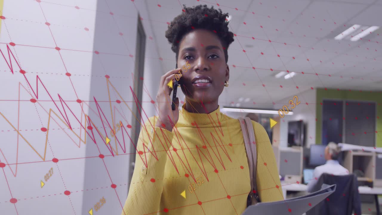 Animation of data processing over diverse business people in office