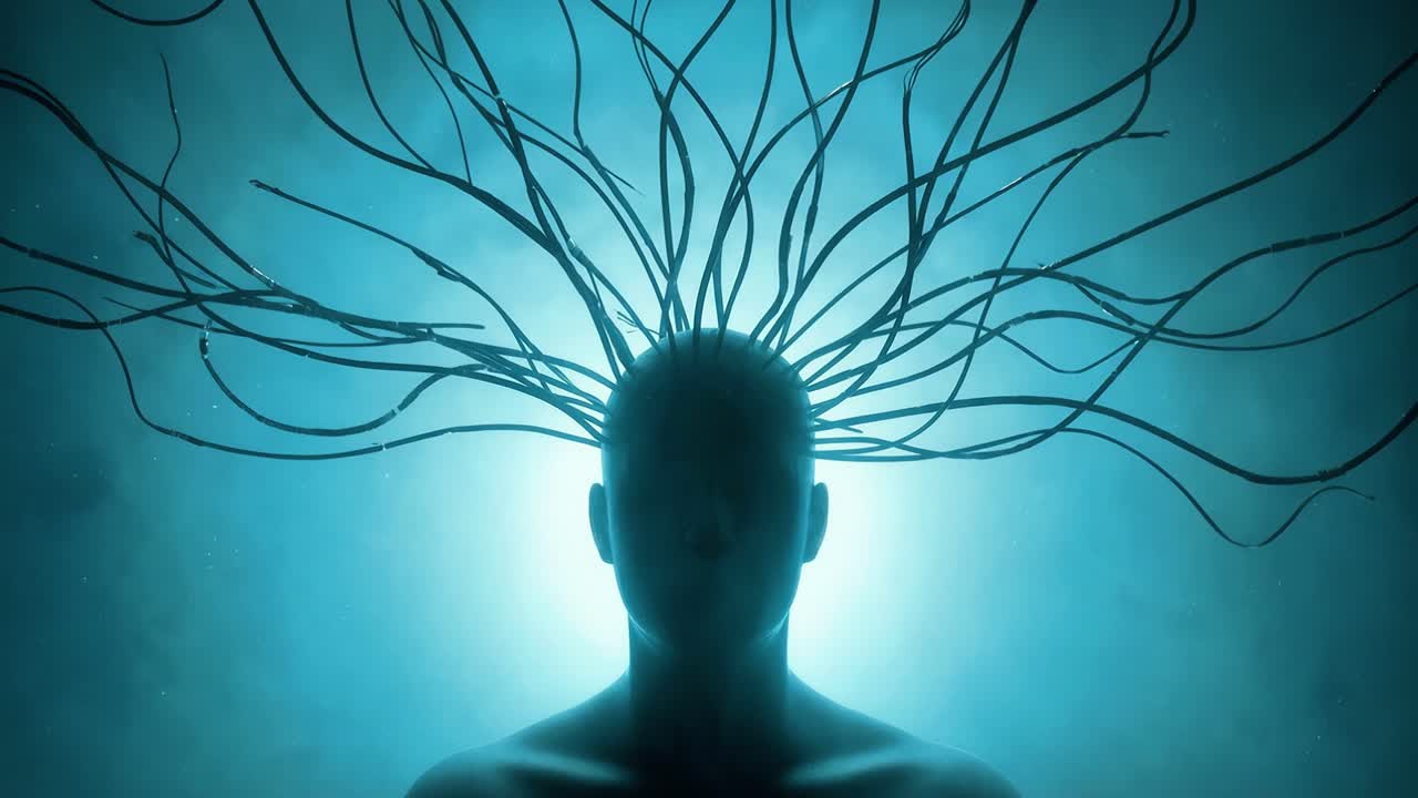 Silhouetted human head with branching neural cables spreading and flowing outward in glowing blue haze