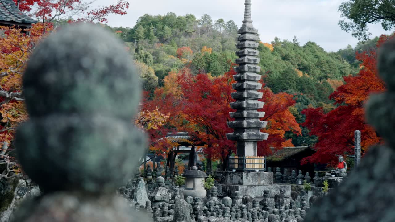 A stunning view of a traditional temple in Arashiyama, Kyoto, surrounded by vibrant red and orange autumn foliage.