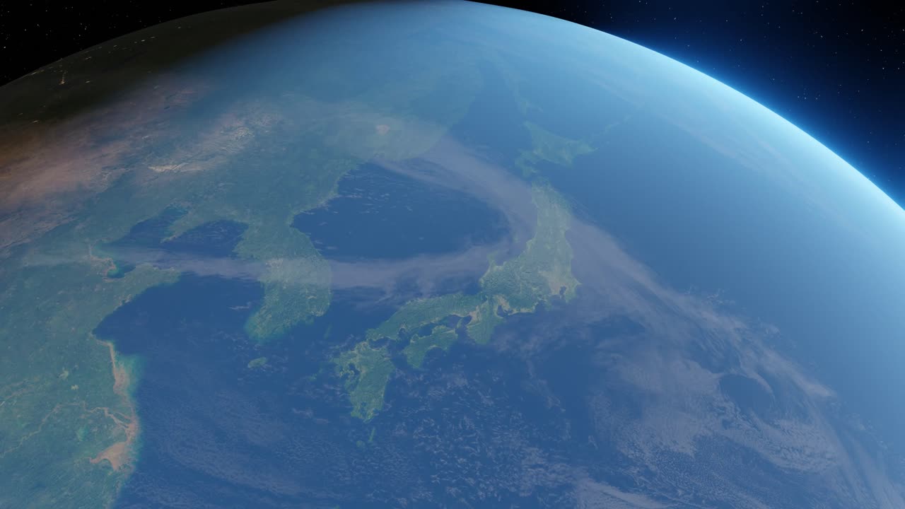 3D Animation showing Japan from space during the transition from day to night