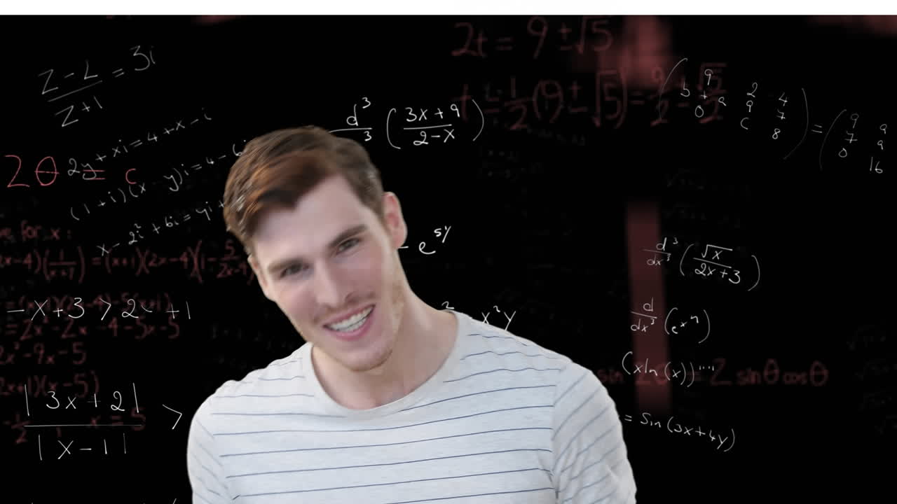 animazione di un uomo caucasico sorridente su equazioni matematiche su sfondo nero