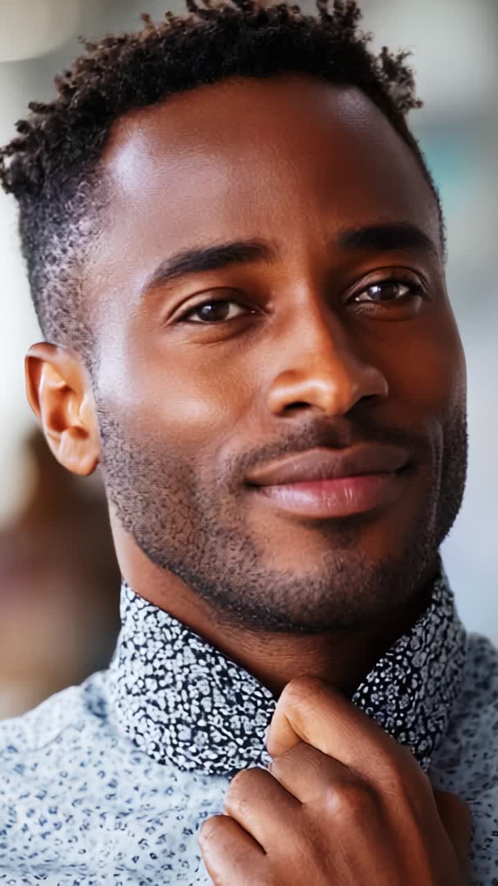 This vibrant close-up showcases a confident individual adjusting their stylish collar with a charming smile, embodying warmth and approachability in natural light